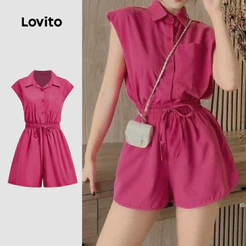 Lovito Casual Macacão Com Bolsos E Detalhes Franzidos Na Cor Rosa-avermelhado Ideal Para a Primavera/verão L150ED008