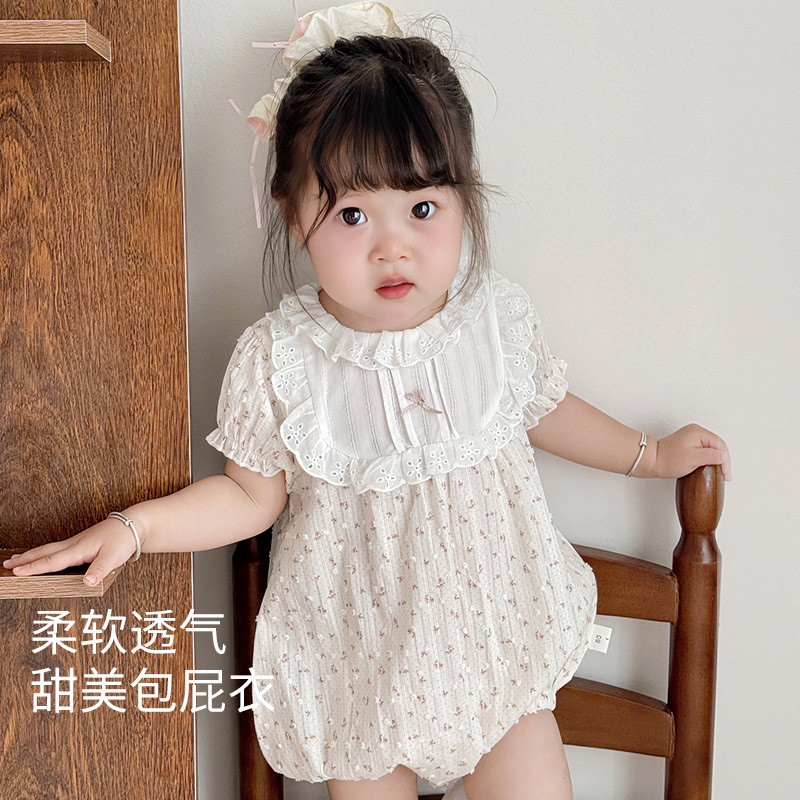Bebê infantil macacão verão estilo fino moda menina bebê Floral triângulo macacão doce princesa macacão de manga curta