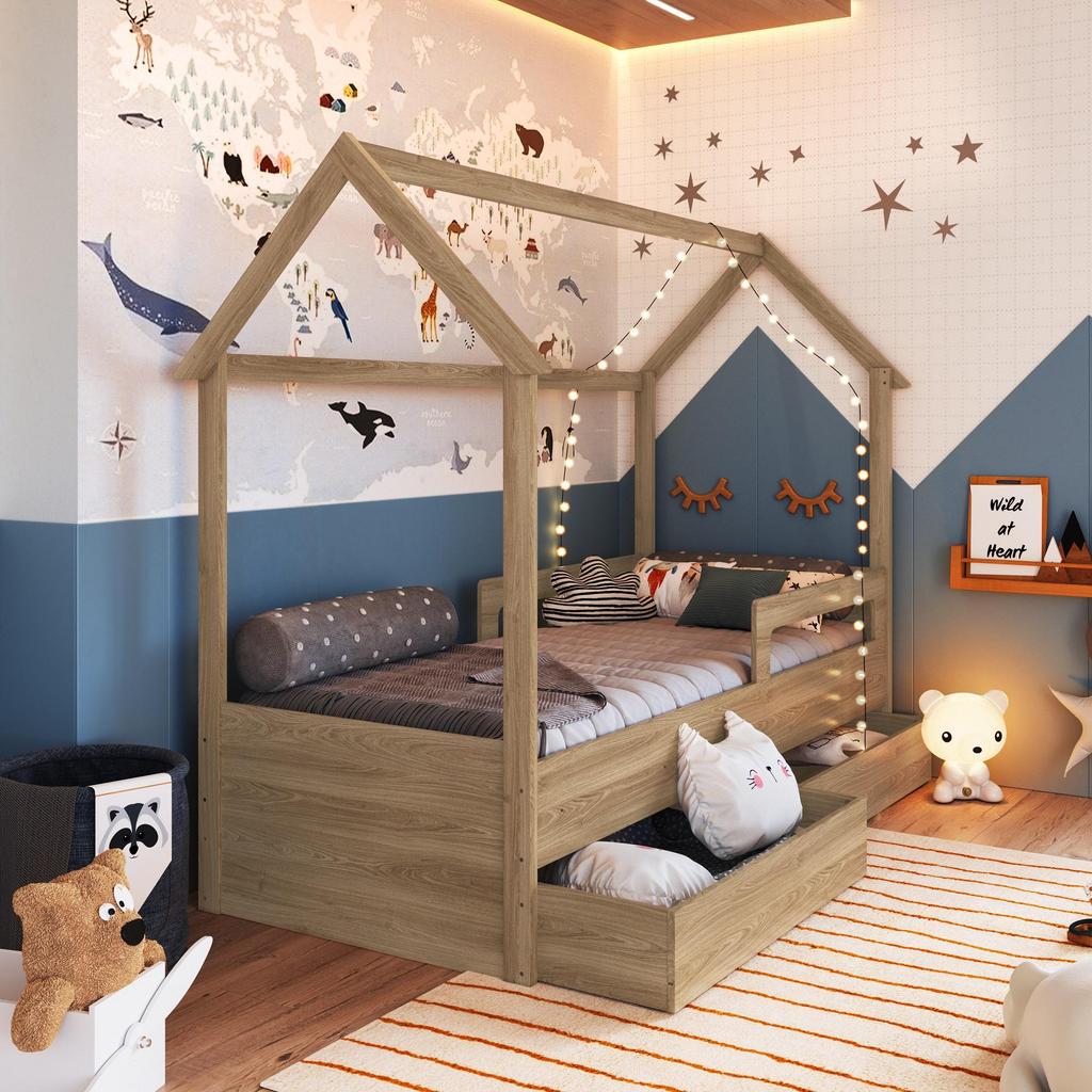 Cama Infantil Montessoriana Casinha Solteiro Menino Menina com Proteção Lateral e Gavetas com Rodas