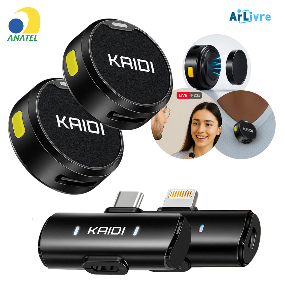 Kit Kaidi Profissional: 2 Microfones Lapela Sem Fio com Anti-ruído, Imã Redondo e Entrada Dupla USB-C/iPhone
