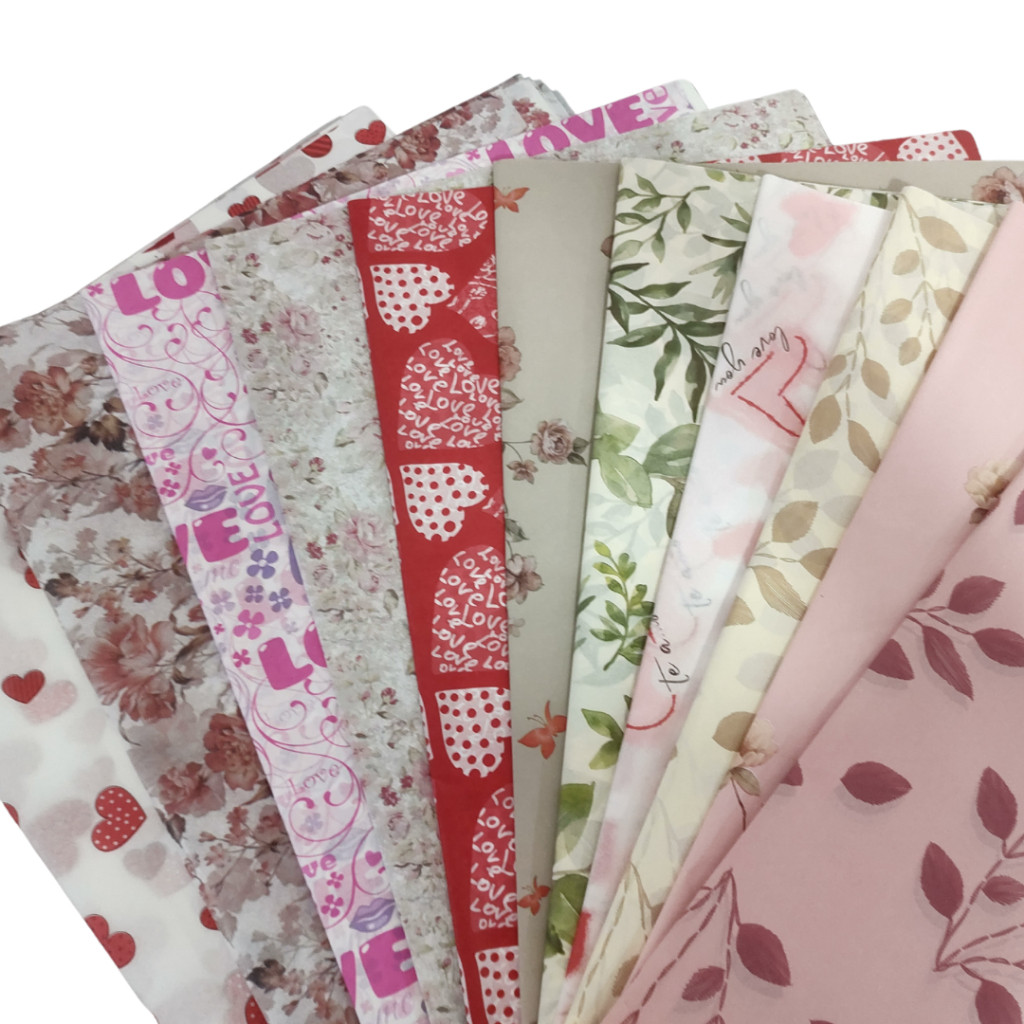 Kit com 100 Papel de Seda 50x35cm Estampados Flores e Romântico