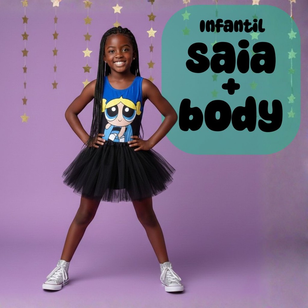 Conjunto Body Collant Infantil Estampa Lindinha Meninas Super Poderosas e Saia de Tule