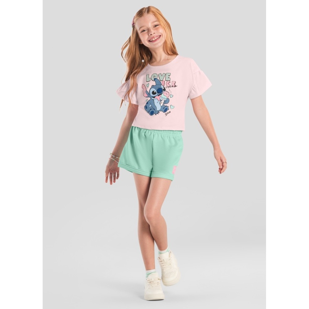 Conjunto Infantil Menina Brandili com Shorts Verde e Blusa Rosa Stitch Love Ice Disney