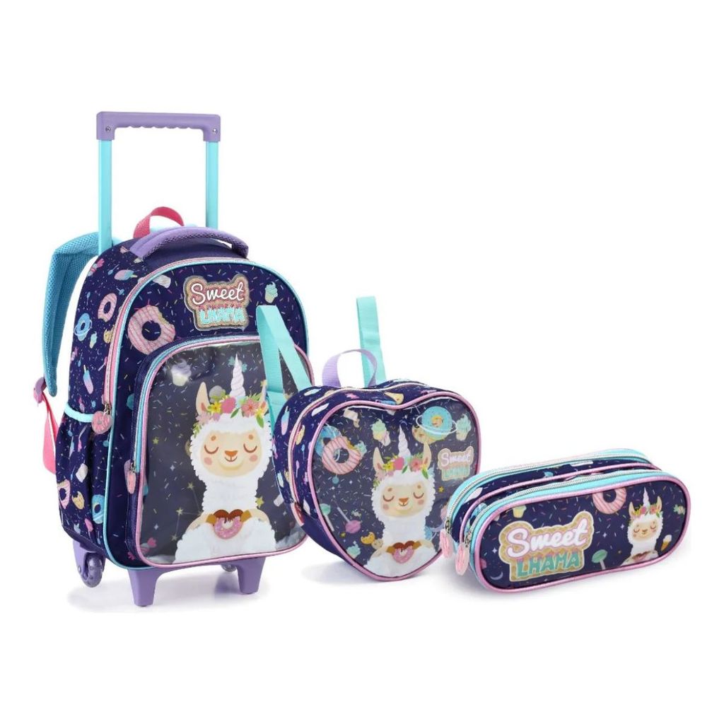 Kit Mochila Rodinhas Lhama Fofa Lancheira Estojo Escolar Seanite