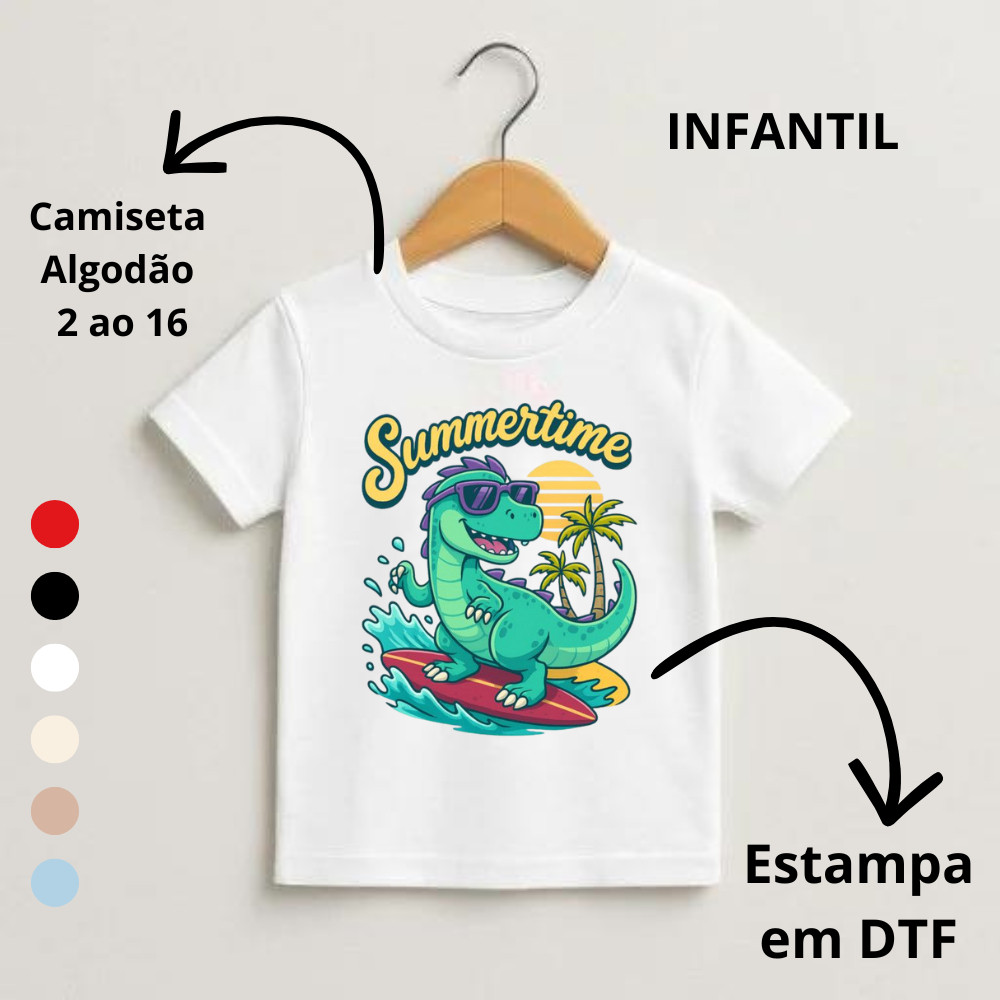 Camiseta Menina Estampada Dinossauro Surfista Summer Criança Infantil Varias Cores 2 ao 16 Algodão
