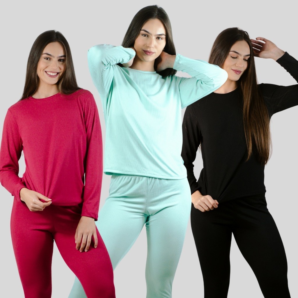 KIT 3 Pijama Feminino Longo Canelado Tecido Leve Algodão Confortável Quentinho em Oferta na Shopee