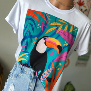 Camiseta Feminina Estampada Tucano Tropical Confortável Algodão Moda Atual em Oferta na Shopee