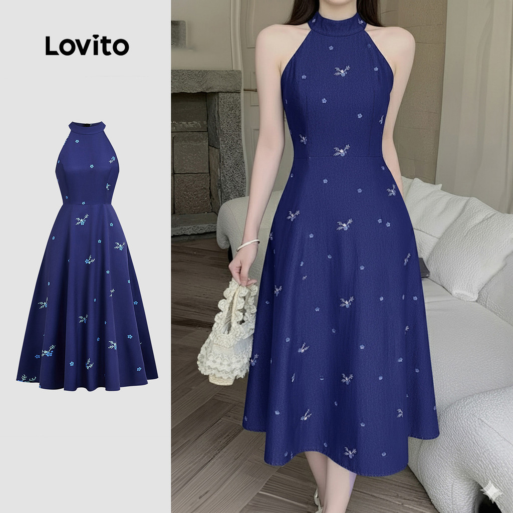 Lovito  Vestido Elegante com Zíper Primavera/verão Azul Escuro para Mulheres L172LD322 em Oferta na Shopee