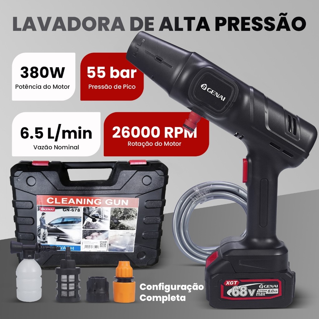 Lavadora de Alta Pressão Sem Fio GENAI GN-678 380W 68V para Carro e Limpeza