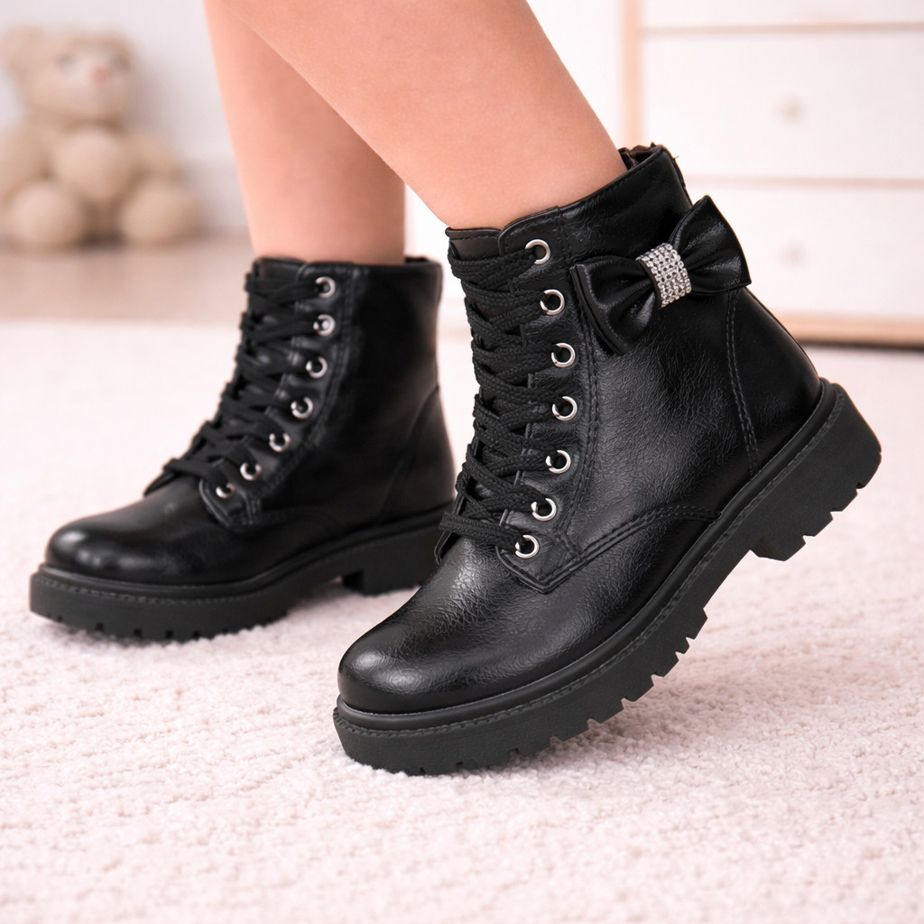 Bota Infantil Menina Coturno Laço com Strass Cano Curto Confortável Casual Moderna lançamento Outono Inverno