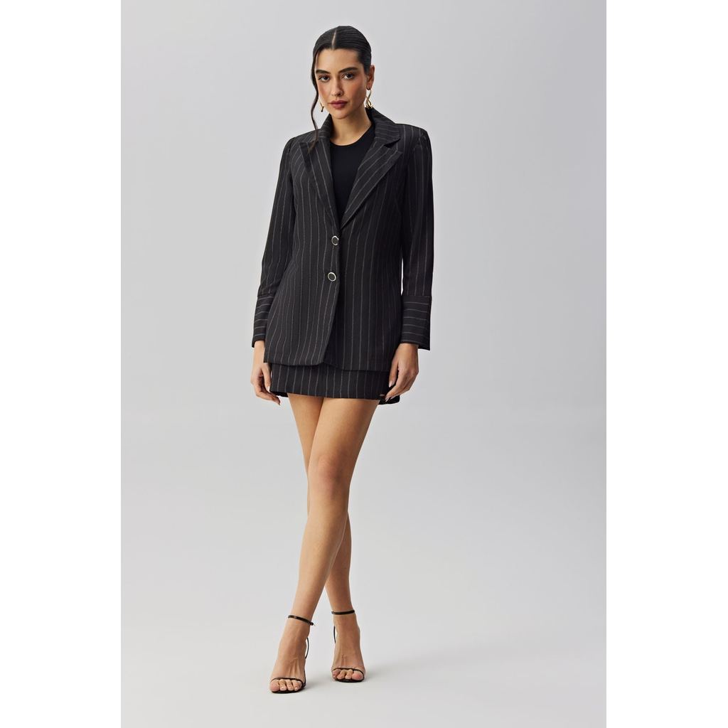 Blazer Alfaiataria Risca De Giz Preto Lurex Meia Loka