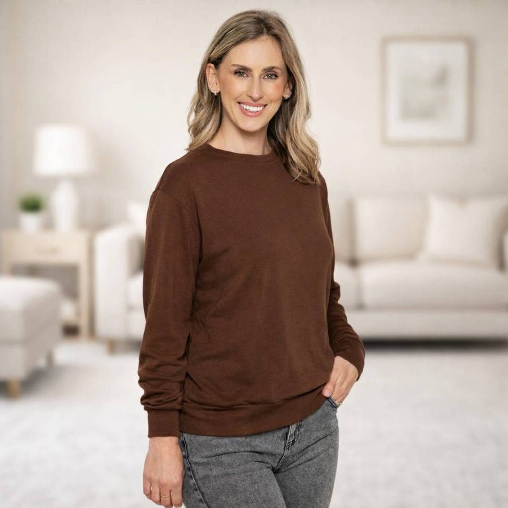 Casaco Feminino Adulto Molecotton Blusão Moletinho Liso Casual Básico Confortável Marrom Preto