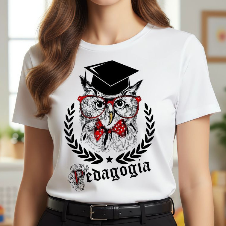 Camiseta, tshirt, PEDAGOGIA CORUJA GRAVATA VERMELHA, escola, blusa, educação, aula, moda, plus size