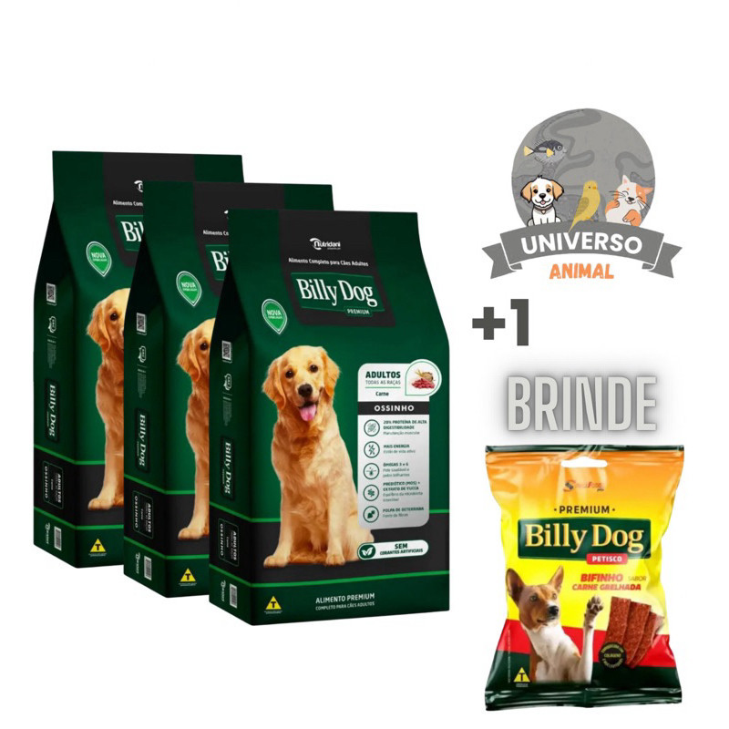 KIT com 3 Ração Billy Dog Adultos Ossinhos Carne 1kg