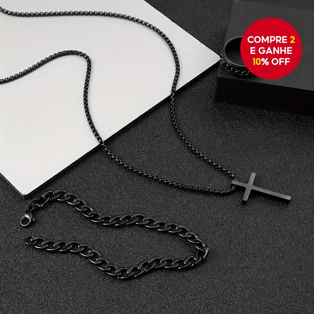 Conjunto de Colar Cruz Pendente & Pulseira de Corrente Cubana & Anel para Mulheres/Homens em Oferta na Shopee