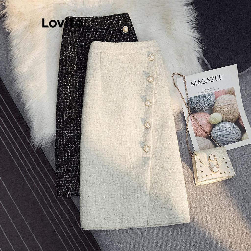 Lovito Saias Elegantes Com Botões Lisos E Saias Assimétricas Para Mulheres LNL51010 em Oferta na Shopee