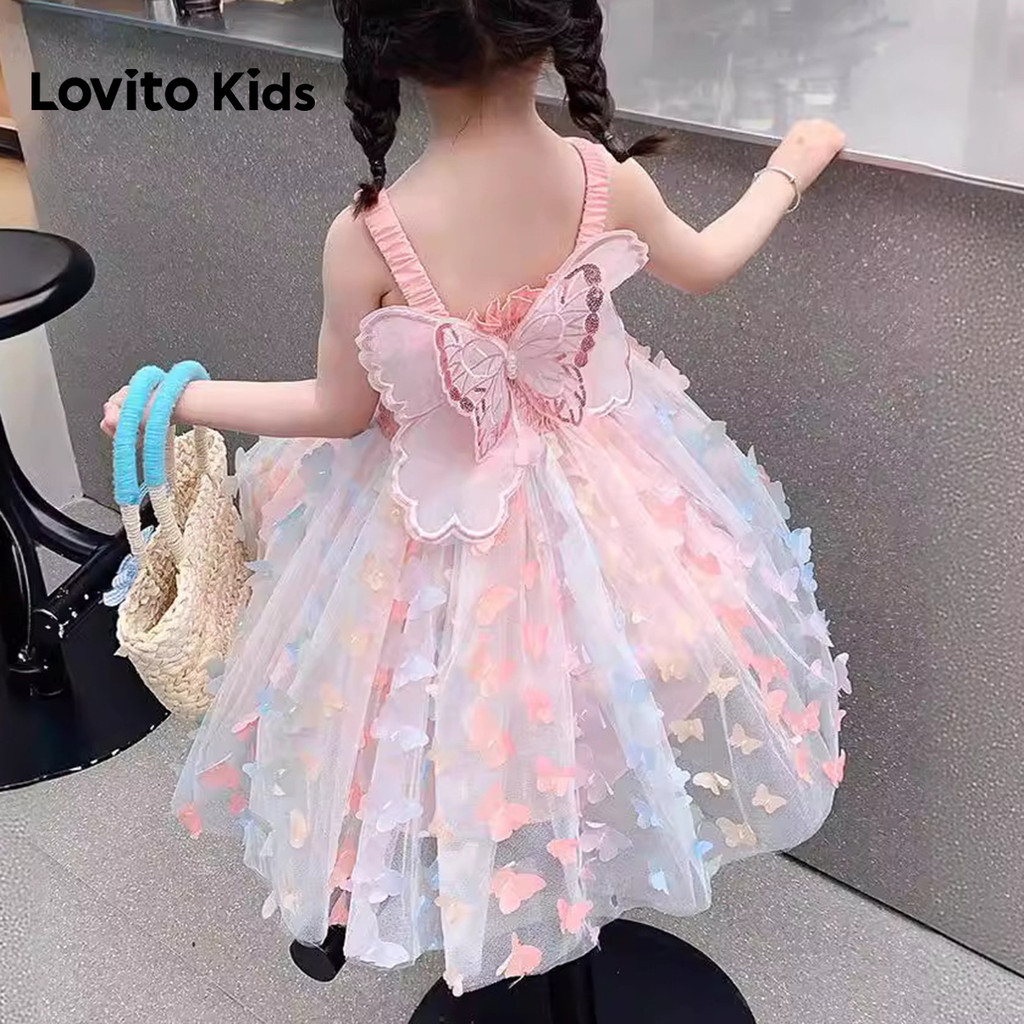 Lovito Kids Vestido de Festa Elegante em Malha Contraste Borboleta Primavera/verão Princesa Rosa para Menina LNL136169 em Oferta na Shopee