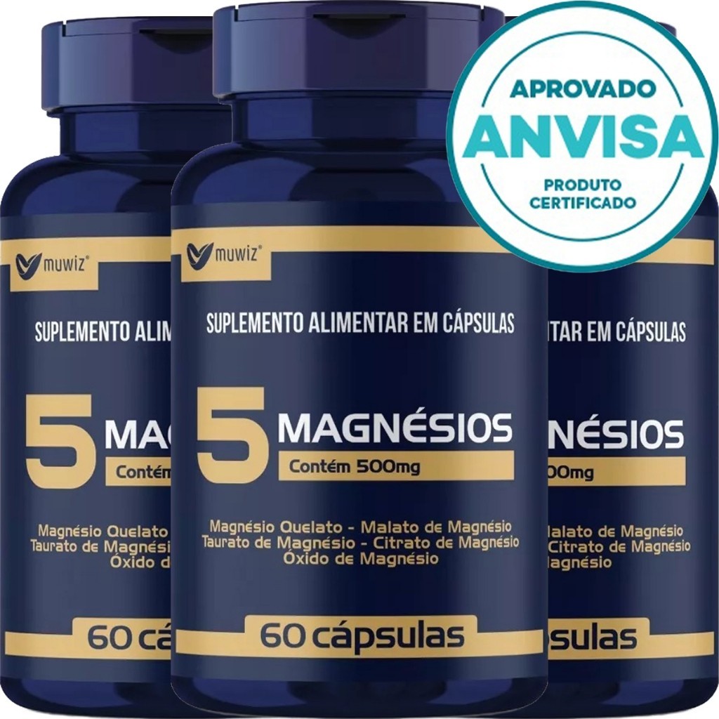 KIT 3x 5 Magnésios ( Quelato + Malato + Taurato + Citrato + Óxido ) 60 Cápsulas 500mg - Muwiz