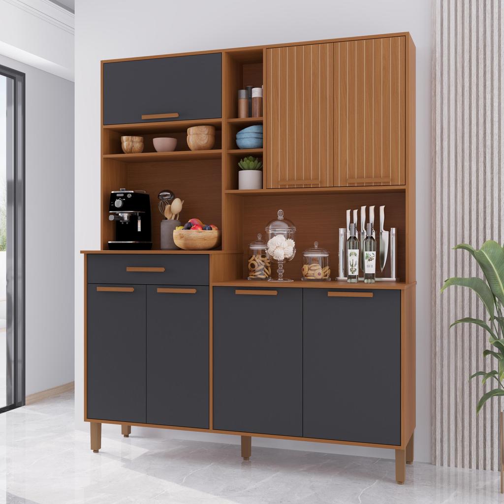 Armário De Cozinha Compacta Fidelitá Amsterdã 160cm 7 Portas 1 Gaveta Com Tampo e Fundo Freijó/Chumbo