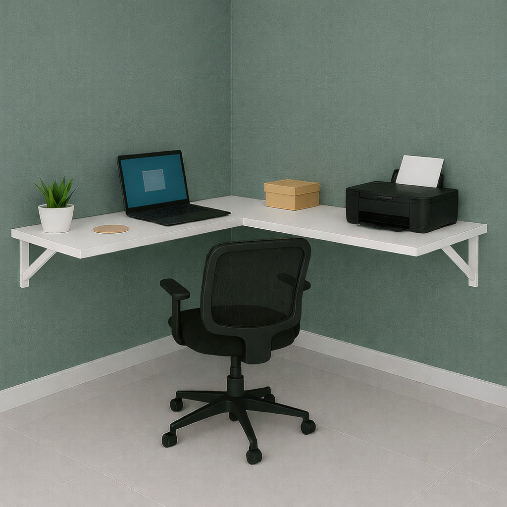 Escrivaninha em L Suspensa com suporte mão francesa ideal para estudo, escritório, bancada de apoio cor BRANCA 100% MDF em Oferta na Shopee