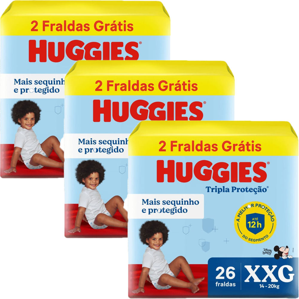 Kit 3 Fraldas Huggies Tripla Proteção Meguinha XXG - 78 Tiras em Oferta na Shopee