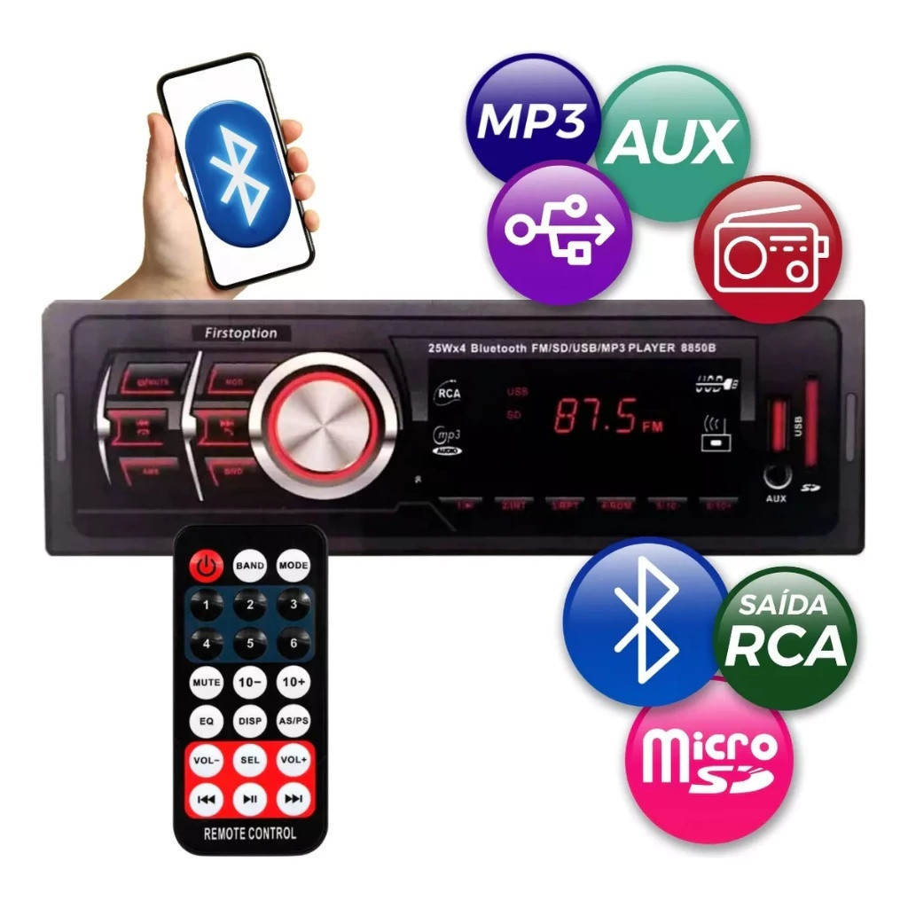 Rádio MP3 Automotivo FIRST AUDIO com Bluetooth, USB, Micro SD, FM, 4x25W + Controle Remoto em Oferta na Shopee