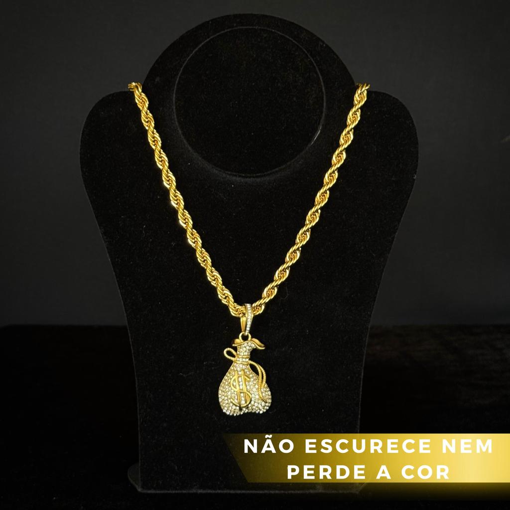 Corrente Moeda Antiga Elo Baiano Pingente Saco De Dinheiro Cravejada Pronta Entrega Envio Imediato
