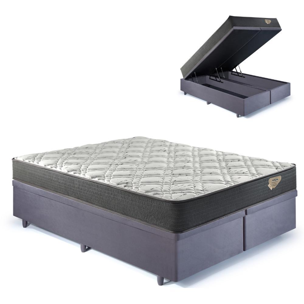 Box Baú Queen Suede Cinza 158x198 + Colchão Adapto Ecoflex