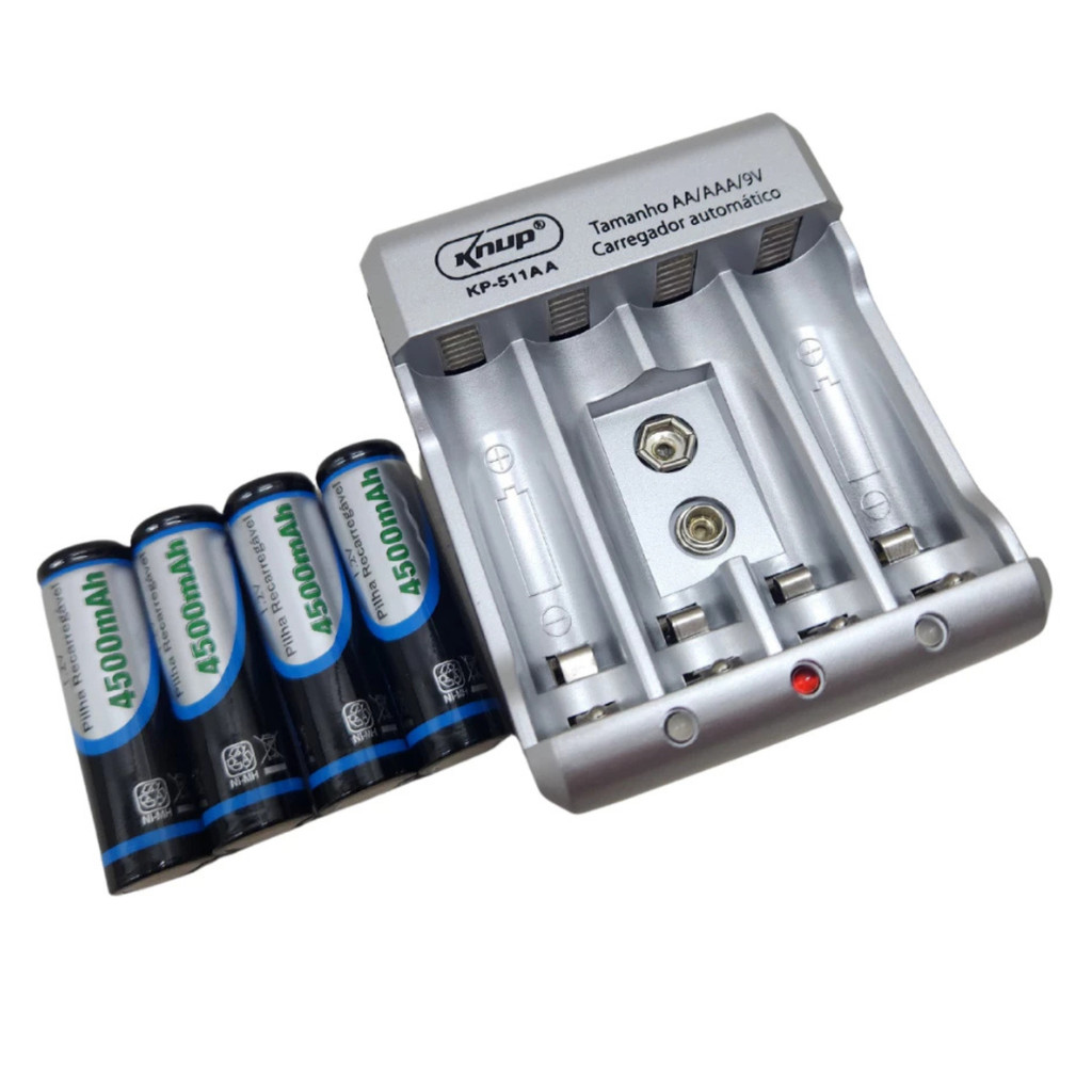 Carregador de Pilha com 4 Pilhas Recarregaveis AA Premium