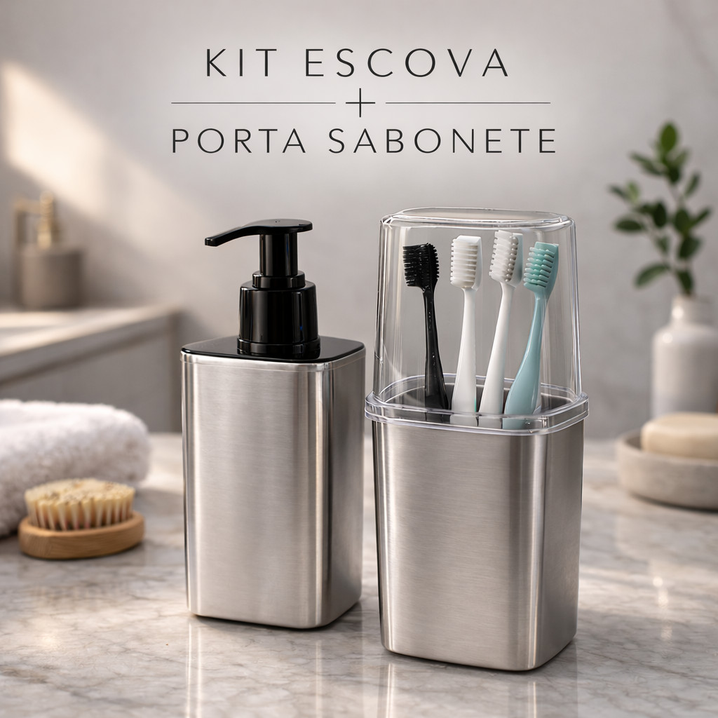 Kit Utensílios Prata 2 pçs Dispenser Porta Sabonete Liquido + Porta Escova Dentes Inox Toalete Luxo