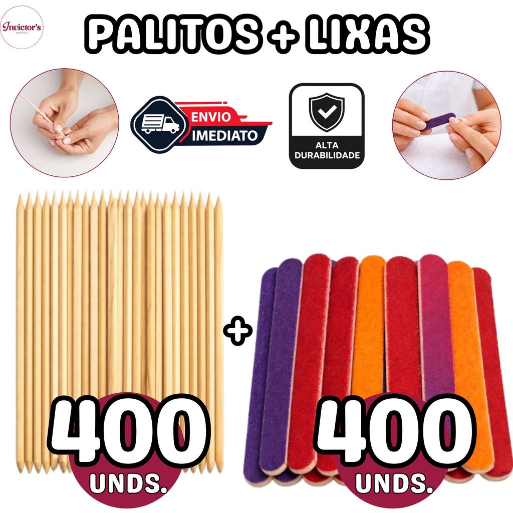 400 Palitos Manicure Laranjeira + 400 Lixas Mini Color para Unhas