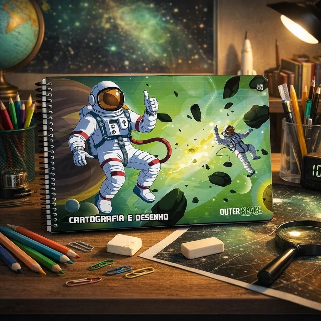 Caderno Cartografia Astronauta Desenho Estudos Artes Pinta Folha Material Papelaria Escrever Sortido