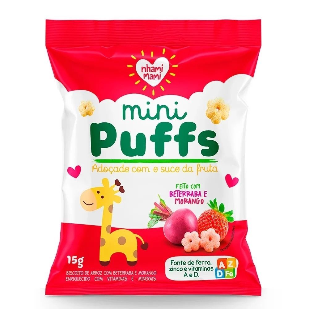 Biscoito Nhami Mami Mini Puffs Snack Beterraba e Morango 15g em Oferta na Shopee