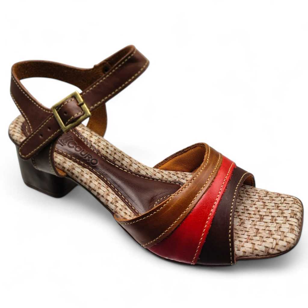 Sandália Feminina em Couro Legítimo Salto Bloco 5cm Confortável Tira Ajustável Casual Elegante