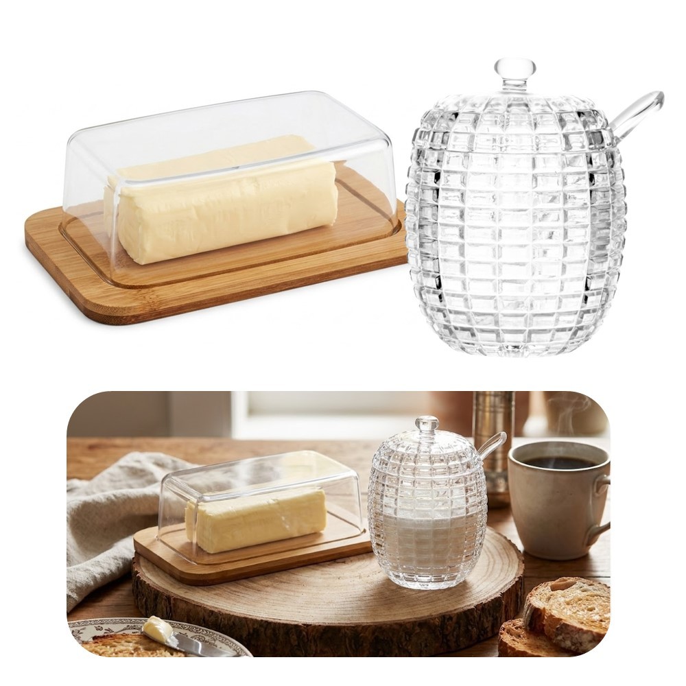 Kit Manteigueira de Bambu com Tampa de Acrílico e Açucareiro de Cristal Tress Lyor
