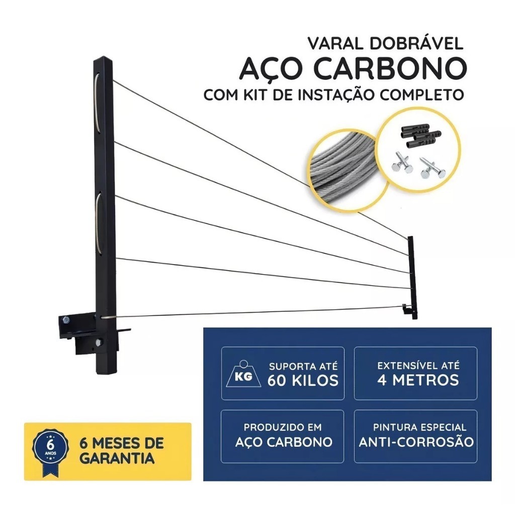 Varal de Parede Articulado em Aço Reforçado com Cabo de Aço Encapado