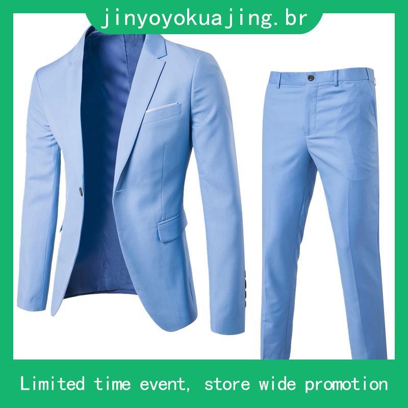 [LHO] 1 Conjunto Homens Calças Blazer Pants Cor Sólida Manga Longa Slim Fit Colarinho De Gola Temperamento Um Botão Bol
