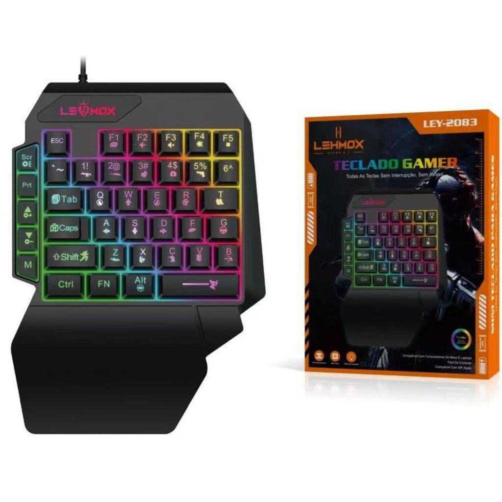 Teclado Gamer Profissional Alta Performance Anti-ghosting Uma Mão Apoio Pulso Led RGB LEHMOX LEY2117