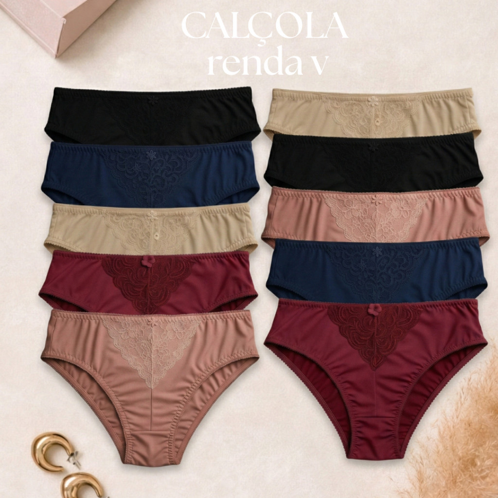Kit até C/10 Calcinhas Plus Size Renda V Conforto Nao Marca Vestido Calçola Feminina Senhora Delicada Dia A Dia