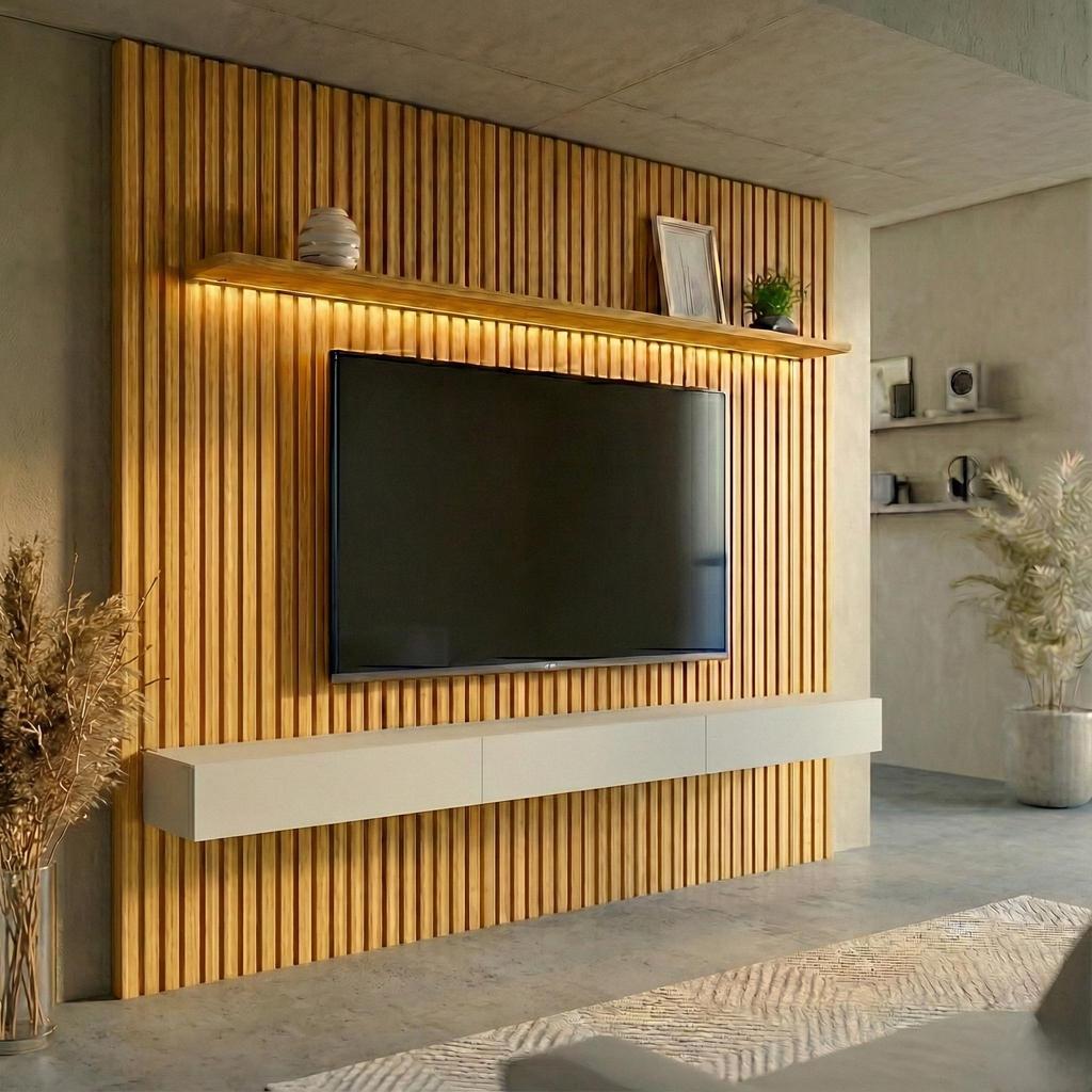 Painel Ripado com Rack Suspenso até 70 Polegadas Tulum com LED 1 PT 2 GV Cedro e Off White Alt 242 Larg 222 cm
