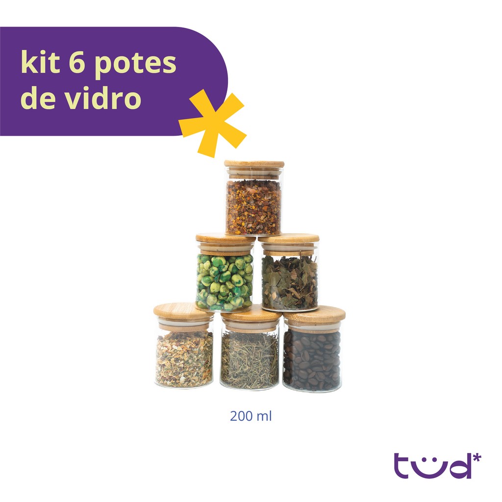 Kit 6 potes de vidro 200ml tampa de bambu herméticos - Tüd · foto 2