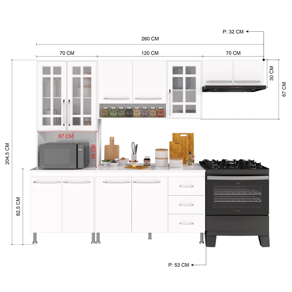 Cozinha Modulada Compacta Fidelitá Viena 4 Peças 260cm 11 Portas 3 Gavetas Com Tampo Branco · foto 2