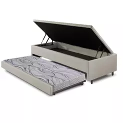 Bicama Box com Baú Solteiro Courino Linho Areia 88x188 com Colchão Auxiliar Ecoflex