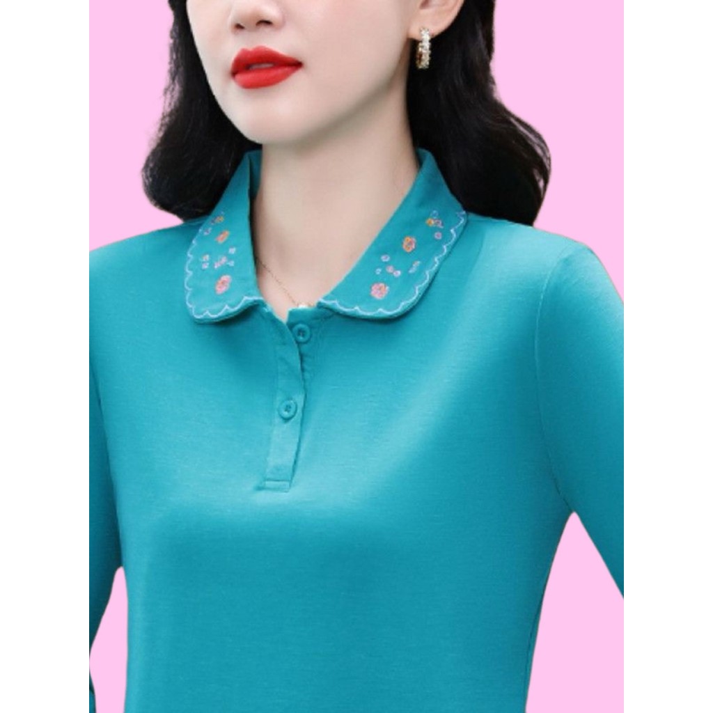 Camiseta de manga comprida feminina primavera outono 2025 novo estilo solto estilo ocidental lapela camiseta mãe POLO ma