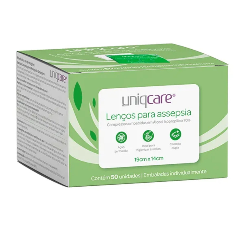 Lenços para Assepsia Uniqcare - Caixa com 50 Unidades 19x14 cm