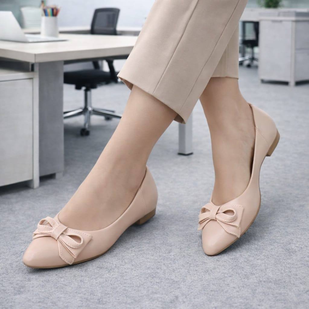 Sapatilha MocassimFeminina Confortável Bico Fino Laço Nude  Elegante Para Trabalho e Dia a Dia