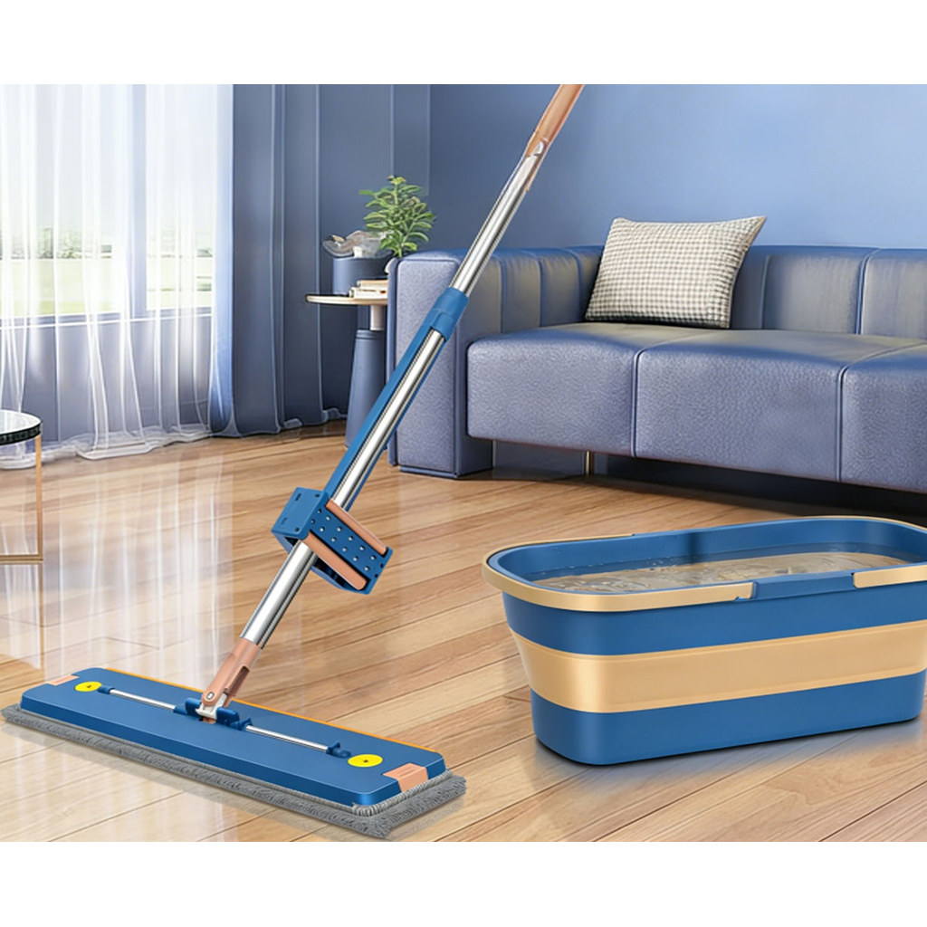 Kit Plano Esfregão e Balde Dobrável | Uso Úmido e Seco, Sem Respingos, Grande Capacidade