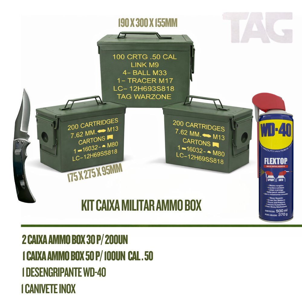 KIT 5 PEÇAS 2 CAIXA MILITAR AMMO BOX30 + 1 CAIXA BOX50 + 1 DESENGRIPANTE WD-40 + 1 CANIVETE INOX