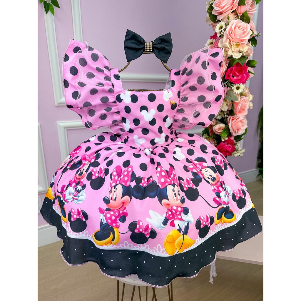 Vestido Temáticos Kids Minnie/Minie Rosa Com Preto festa aniversario luxo