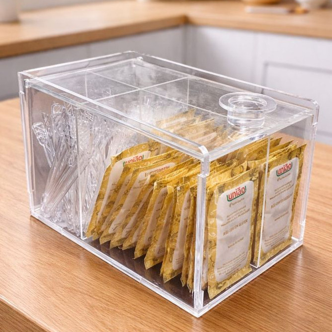 Porta Sachês Organizador Acrílico com Divisórias e Tampa para Sachês e Guardanapos em Oferta na Shopee